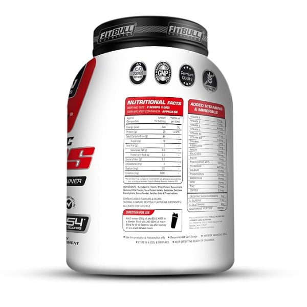 Fitbull Nutrition Anabolic Mass | Support Power & Strength | Maximize Recovery & Rebuild | Faster Digestion & Absorption | 363 Calories | 64g Protein | 20g Protein | 54 Servings | 1kg | Kesar Kulfi | - Image 3