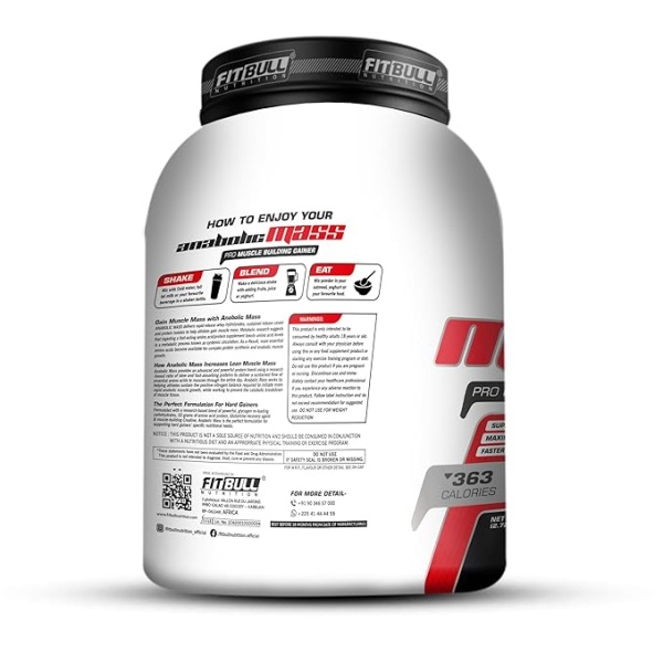 Fitbull Nutrition Anabolic Mass | Support Power & Strength | Maximize Recovery & Rebuild | Faster Digestion & Absorption | 363 Calories | 64g Protein | 20g Protein | 54 Servings | 1kg | Kesar Kulfi | - Image 2