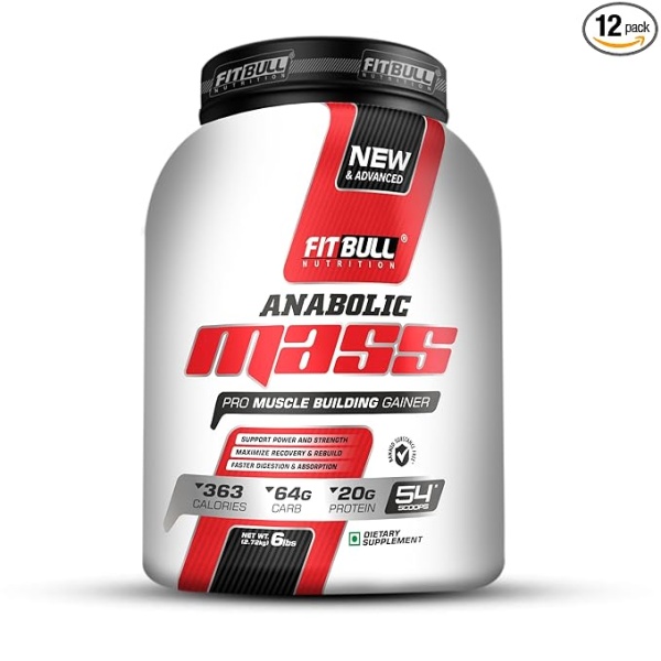 Fitbull Nutrition Anabolic Mass | Support Power & Strength | Maximize Recovery & Rebuild | Faster Digestion & Absorption | 363 Calories | 64g Protein | 20g Protein | 54 Servings | 1kg | Kesar Kulfi |