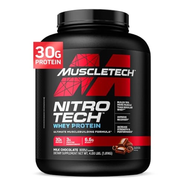 Muscle Tech Nitro-Tech Whey Protein,1.81kg (4lbs), Milk Chocolate, 30g Protein, 3g creatine monohydrate, 6.7g BCAA, ultimate muscle building formula, increase strength & performance